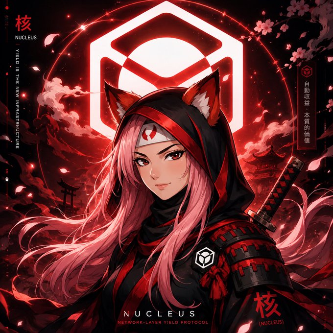 Anime-style artwork of a pink-haired female character with fox ears wearing a red and black hooded outfit with a sword, set against a red background featuring a hexagonal 'NUCLEUS' logo with text 'NUCLEUS - NETWORK-LAYER YIELD PROTOCOL' and 'YIELD IS THE NEW INFRASTRUCTURE'.