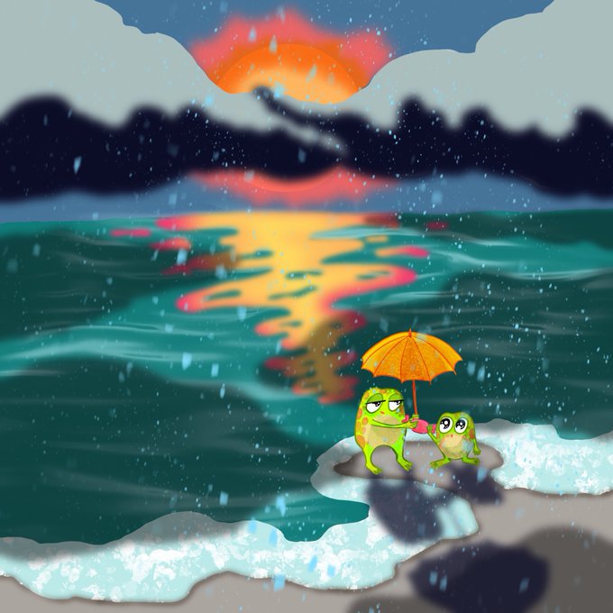 Two green cartoon frogs stand on a snowy rock in the rain, with the larger one holding an orange umbrella, set against a dramatic sunset over the ocean.
