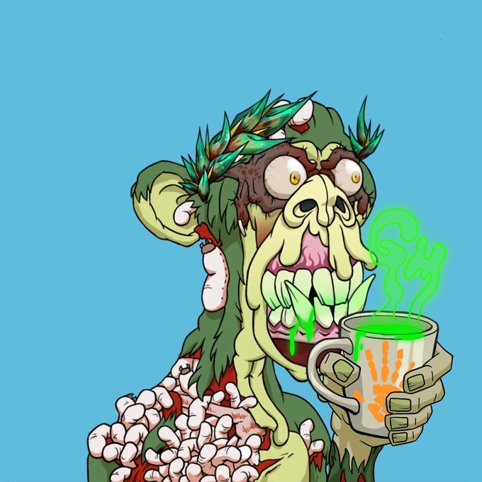 A cartoon illustration of a grotesque green zombie-like character with a beard, leafy crown, and exposed bones, holding a mug of steaming green liquid against a blue background.