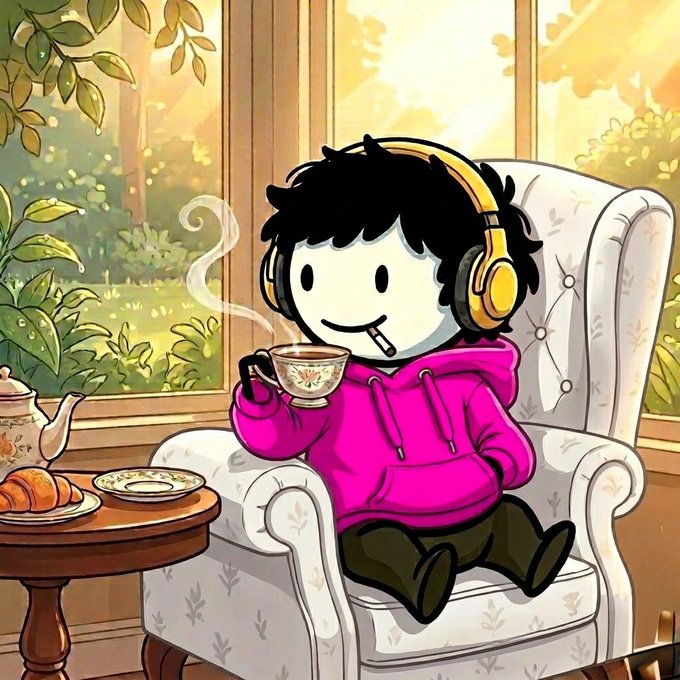 The image features a cartoon character wearing headphones, sitting in a chair with a cup of coffee or tea in front of them. The caption for the image reads "Good morning guys What is your favorite thing about @base? #Base". This suggests that the viewer might have an interest in the character from @base and could be sharing their thoughts on the post.