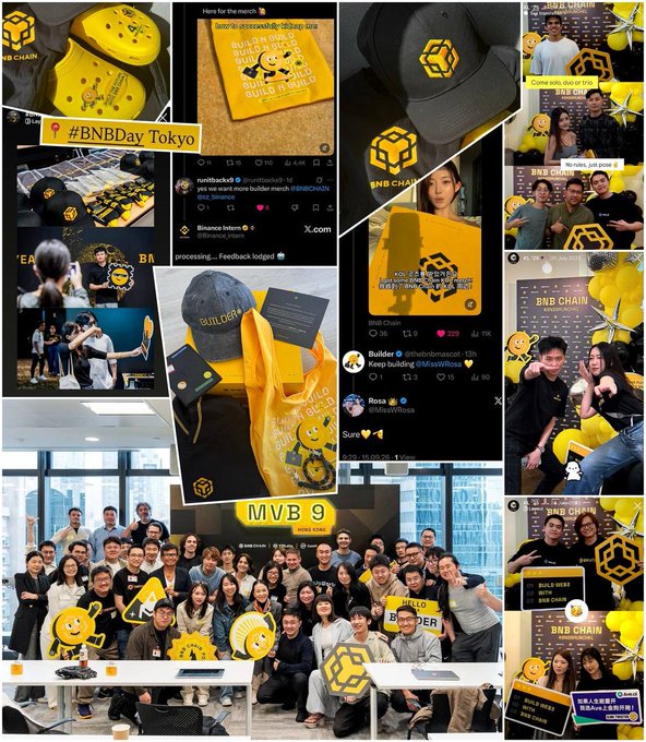 A collage of photos showing a BNB Chain event in Tokyo, featuring merchandise, group photos with BNB branding, and social media posts with the hashtag #BNBDay Tokyo.