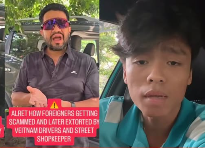 A YouTube-style thumbnail featuring two video clips: a man with sunglasses warning about scams (text reads 'ALRET HOW FOREIGNERS GETTING SCAMMED AND LATER EXTORTED BY VEITNAM DRIVERS AND STREET SHOPKEEPER') and a young man in the passenger seat of a car.