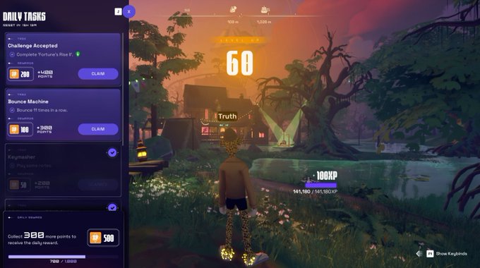 A video game screenshot showing a character in leopard print pants in a vibrant landscape, with a 'DAILY TASKS' menu on the left displaying 'Challenge Accepted,' 'Bounce Machine,' and 'Keysmasher' challenges with point rewards.