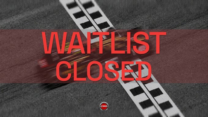 An aerial view of a red Formula 1 race car crossing a checkered finish line is overlaid with large red text reading 'WAITLIST CLOSED' and a small logo at the bottom.