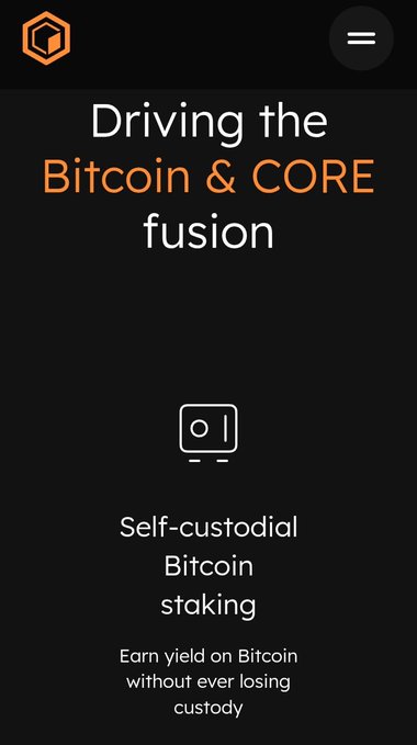 The image displays a mobile screen from Core (CORE) with the headline "Driving the Bitcoin & CORE fusion," promoting "Self-custodial Bitcoin staking" that lets users "Earn yield on Bitcoin without ever losing custody." The graphic illustrates Core's BTCFi vision of enabling Bitcoin holders to participate in DeFi yield opportunities while maintaining full control of their assets, directly reinforcing the post's message about making Bitcoin productive rather than idle.