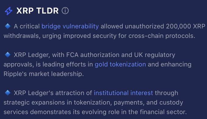 An 'XRP TLDR' summary on a dark blue background discusses a critical bridge vulnerability allowing 200,000 XRP withdrawals, XRP Ledger's FCA authorization for gold tokenization, and institutional interest in the financial sector.
