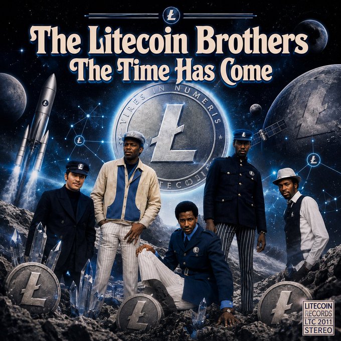 The image features a group of five men standing together, with one man holding up a coin. They are all dressed in suits and hats, giving off an air of sophistication or perhaps even a historical context. The background of the image includes planets and stars, suggesting that they might be on a space mission or exploring new frontiers. The caption to this image reads: "#Litecoin".