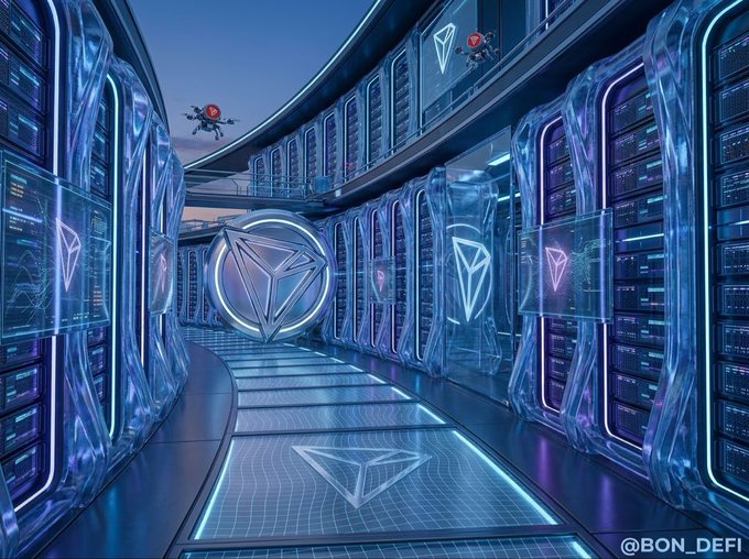 A futuristic, neon-lit data center or server room interior with a large Tron (TRX) cryptocurrency logo projected on the floor, watermarked '@BON_DEFI'.