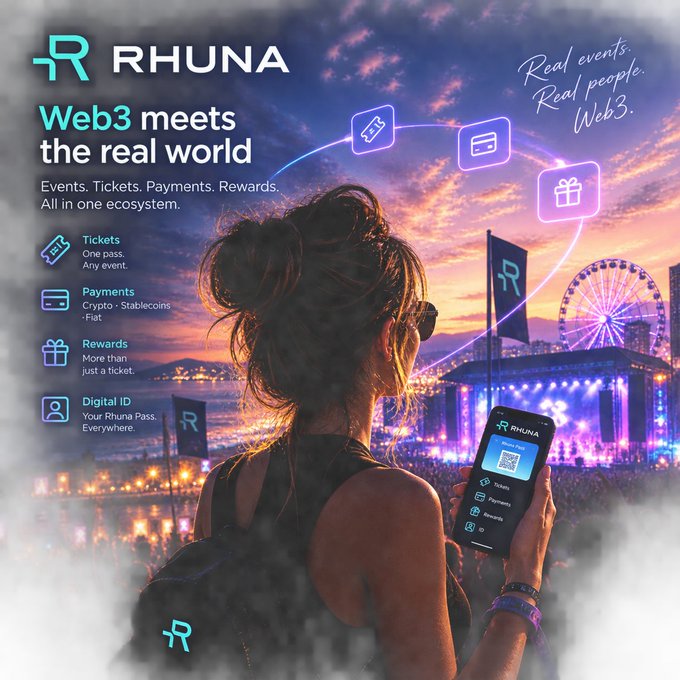 A promotional graphic for 'RHUNA' with the tagline 'Web3 meets the real world' showing a woman holding a smartphone displaying the app against a festival background.