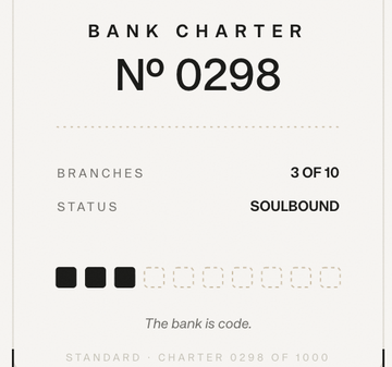 A digital "Bank Charter N° 0298" certificate showing "3 OF 10" branches unlocked and a "SOULBOUND" status, with the tagline "The bank is code." The image corresponds to the post celebrating a user's third branch milestone with Standard (ticker $STANDARD), illustrating their early compounding strategy.