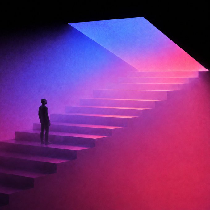A lone figure gazes up at glowing pink and blue stairs ascending toward a luminous opening, evoking the journey of upward progress and self-improvement. The image visually echoes the post's theme of climbing to a new level, with the illuminated staircase symbolizing the shortcut to success offered by OKX AI.