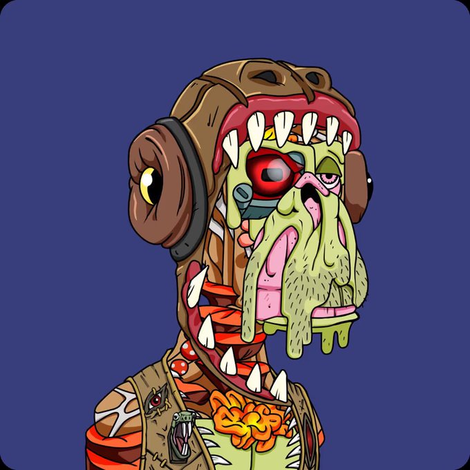 A digital illustration of a grotesque character with exposed teeth, a mechanical eye, and a fleshy, dripping appearance against a solid dark background.