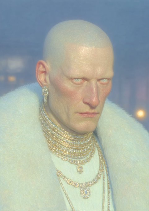 Close-up of a bald, pale figure with intense eyes wearing heavy diamond-encrusted jewelry and a white fur garment.