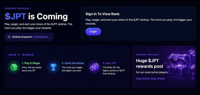 The image shows a promotional page for "AIRDROP SEASON 1" of the $JPT token from Jackpotter, announcing an upcoming airdrop where users can earn rewards by playing and wagering, with a login prompt to view rank and a "How It Works" section outlining the three-step process of playing, climbing ranks, and earning $JPT.

The image visually supports the post's argument by demonstrating how Jackpotter integrates its $JPT token directly into user activity from the start—rewarding engagement through XP-based ranking rather than treating the token as an afterthought, exemplified by the "Huge $JPT rewards pool for our most active players."