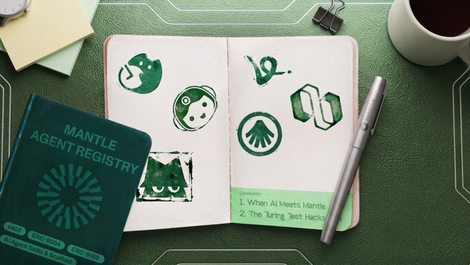 The image features a green notebook open on top of a table with various objects placed around it. There are two pens - one black and one silver, as well as a cup of coffee nearby. A small mouse figurine can be seen among these items. The scene also includes a post that reads "And if you have yet to be caught up to date, here' s how we've been doubling down on the agentic economy:". This message seems to be related to the notebook and its contents, possibly suggesting an interesting or unusual project involving the notebook's content.