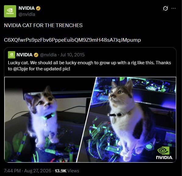 A screenshot of a tweet from NVIDIA (@nvidia) titled 'NVIDIA CAT FOR THE TRENCHES' quoting an earlier 2015 tweet that features photos of a cat sitting inside a computer rig with glowing lights.
