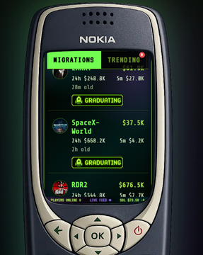 The image shows an old Nokia cell phone with a screen displaying information about migration trends and token boosting. The phone has a green screen that displays various migration data such as "Graduating" and "Graduating", along with other migration-related information. The text in the image suggests that GM Scanning tokens were never this easy, which implies that the user might have experienced difficulties obtaining tokens for their migration activities.

The Nokia cell phone is positioned at a slight angle to the left side of the screen, and it appears to be an older model compared to modern smartphones with advanced features. The image does not provide any specific details about the content displayed on the screen or the context in which the user accessed this information.