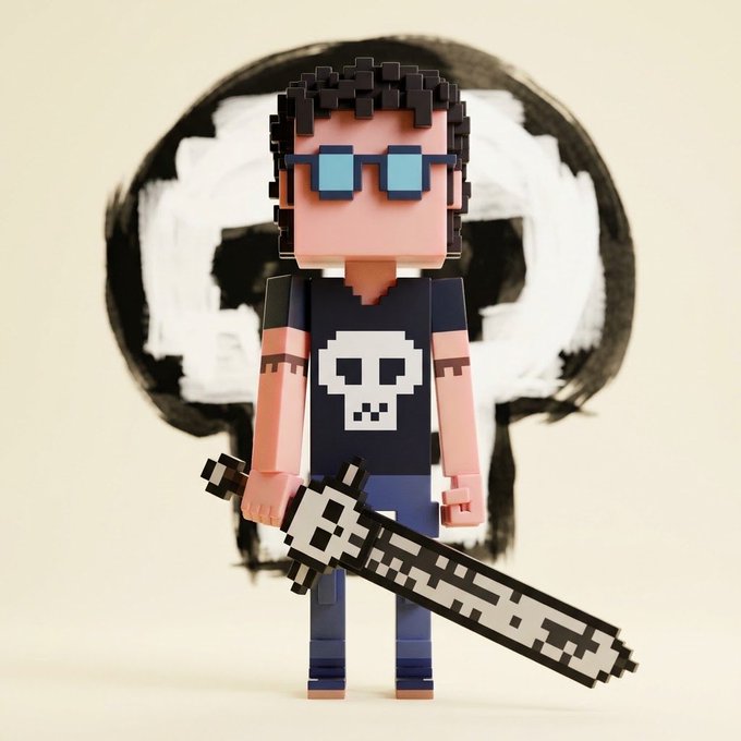 A voxel-style 3D figure of a man with pixelated sunglasses, a skull shirt, and a pixelated sword stands against a black and white painted background.