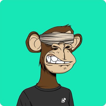 A cartoon illustration of a grinning monkey NFT character wearing a black t-shirt, with a white bandage/blindfold wrapped around its eyes against a teal background.