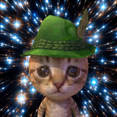 A cute animated cat wearing a green Alpine-style hat with a feather, set against a sparkling starry cosmic background.