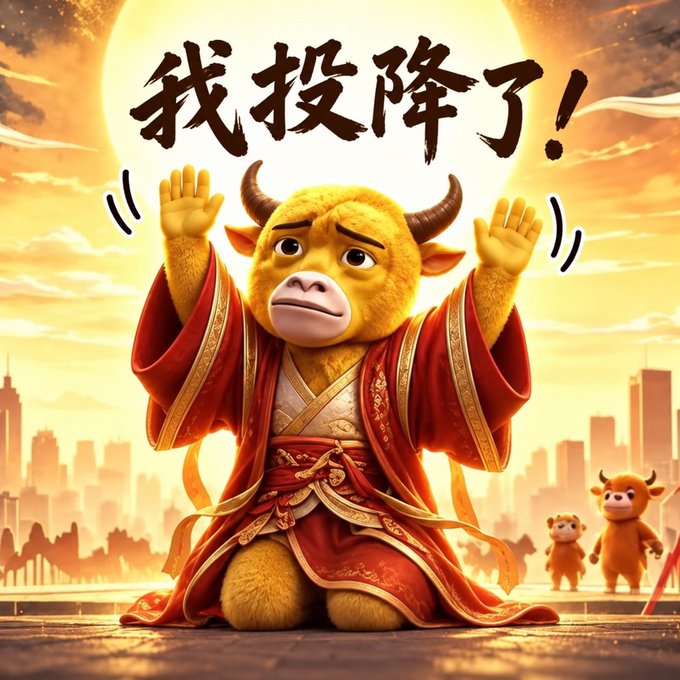 A digital illustration of a yellow cartoon ox/bull character wearing red robes with hands raised in surrender, with Chinese text '我投降了！' (I surrender!) above and a sunset cityscape behind.