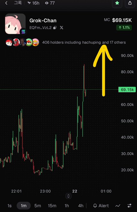 A cryptocurrency chart showing the 'Grok-Chan' (EQFm...VzL2) meme coin with a market cap of $69.15K (up 1.1%), displayed on a dark-themed trading interface with a yellow arrow pointing to the '406 holders including hachuping and 17 others' text.