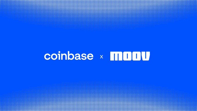 A blue graphic displaying a partnership between Coinbase and Moov, with text reading 'coinbase x moov'.