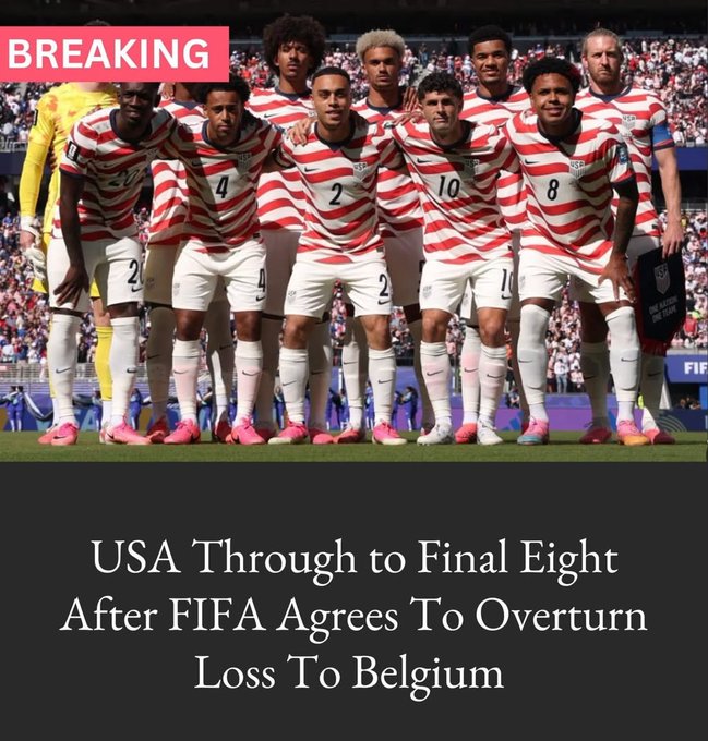 A 'BREAKING' news graphic showing the USA soccer team posing together with the headline 'USA Through to Final Eight After FIFA Agrees To Overturn Loss To Belgium.'