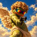 A 3D rendering of a muscular character wearing rainbow sunglasses and holding a gun against a blue sky with clouds.