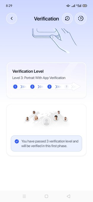 A screenshot of a mobile app verification screen showing 'Verification Level 3: Portrait With App Verification' completed, with text 'You have passed 3 verification level and will be verified in this first phase.'