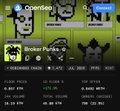A close-up of a digital artwork from the "Broker Punks" Ordinals NFT collection is shown, featuring pixelated character designs alongside what appears to be a price chart or trading interface. The image supports a post about holding Broker Punks NFTs, with text referencing profit projections and encouraging subscribers to consider the investment carefully.