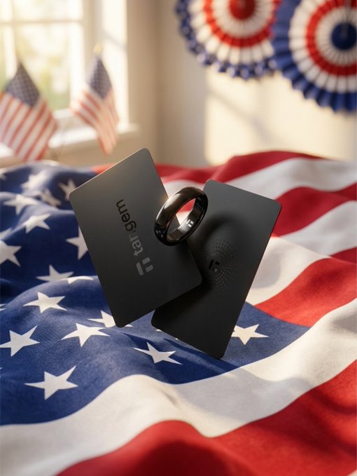 Two black Tangem hardware wallet cards rest on a draped American flag, showcasing the brand as a private key storage solution with the post's promotional offer of "XRPVALE" for 10% off tangem.com. The patriotic backdrop and rosette bunting reinforce the "stash away from everybody" theme of secure, self-custodied crypto storage.

Visible text includes the "Tangem" branding on one card and a partial code "xr-e-vi" on the other.