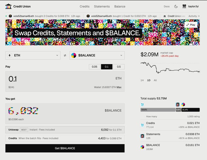 A Credit Union crypto interface displays “Swap Credits, Statements and $BALANCE,” with ETH set to 0.1 and a visible “Get $BALANCE” button, alongside a market cap of about $2.09M.