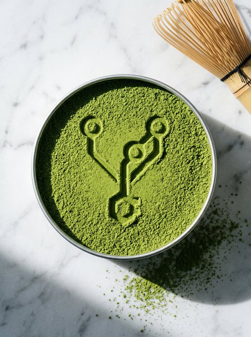 The image features a bowl of green tea powder with a drawing of a computer network made from dots on top, surrounded by a straw. The text "Connecting the dots It happens on matcha.xyz $GITLAWB @gitlawb" is present in the image, which seems to be related to the post about matcha and its connection to the internet.