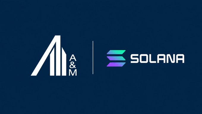 A dark blue banner displaying the logos of A&M and Solana side by side, suggesting a partnership or collaboration between the two entities.
