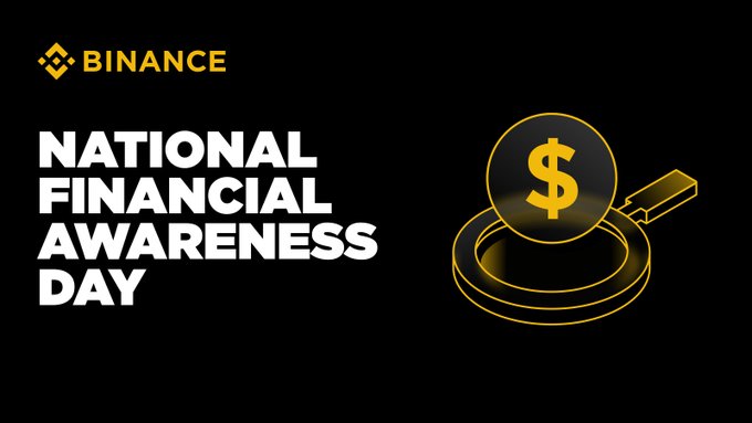 A black promotional graphic from Binance featuring the text "NATIONAL FINANCIAL AWARENESS DAY" in bold white lettering alongside the company's yellow logo. On the right, a stylized illustration depicts a gold coin marked with a dollar sign emerging from an open coin purse, symbolizing the spirit of financial literacy and informed decision-making celebrated on this day.