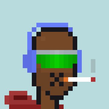 A pixel art portrait of a dark-skinned character wearing a blue gaming headset and green visor, smoking a cigarette against a teal background.