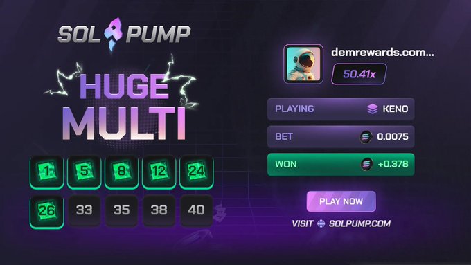 A promotional graphic for SOL PUMP (solpump.com) celebrates user "demrewards.com" achieving a 50.41x multiplier on a Keno game, showing the winning numbers (1, 5, 8, 12, 24, 26) and a profit of +0.378 on a 0.0075 bet, with a "PLAY NOW" call-to-action button. The image directly supports the post's claim of hitting 50x on Keno while promoting the platform's profit-sharing referral model.