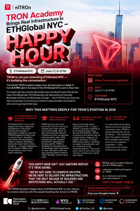 The image features a poster for an event at theTRON Academy in New York City. The poster has a red background with white text, which reads "Happy Hour" followed by a list of dates and times for the event. There are also some logos on the poster, including one for the Ethereum blockchain project and another for Princeton University.