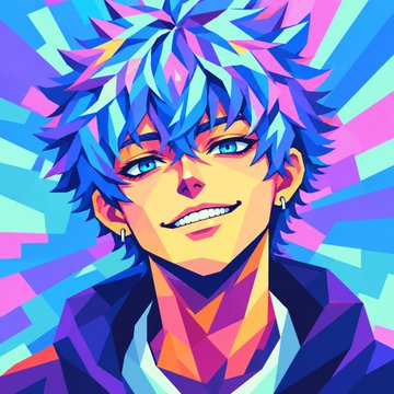 A vibrant, colorful pop-art style illustration of a smiling young man with spiky blue and pink hair, perfectly matching the caption's cheerful "#NewProfilePic" announcement celebrating the user's "Iconics" aesthetic.