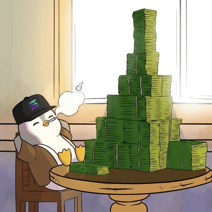 An illustration depicts a penguin wearing a brown coat and black cap, sitting in a chair and smoking, with its feet propped up on a table next to a large pyramid of stacked green banknotes.