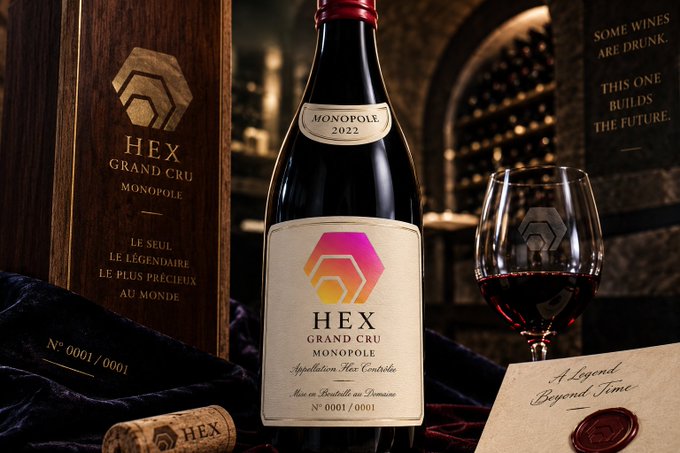 A premium wine product display featuring "HEX GRAND CRU MONOPOLE 2022" bottle with matching wooden box labeled "N° 0001/0001" and "LE SEUL, LE LÉGENDAIRE, LE PLUS PRÉCIEUX AU MONDE", alongside a glass of red wine and the text "SOME WINES ARE DRUNK. THIS ONE BUILDS THE FUTURE."