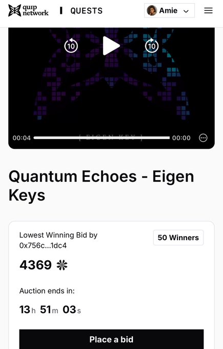 Quip Network Quests page showing an auction for 'Quantum Echoes - Eigen Keys' with a lowest winning bid of 4369 and 50 winners, ending in 13h 51m 03s.