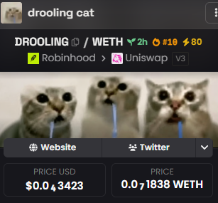 A screenshot of a cryptocurrency tracker showing the 'DROOLING' token priced at $0.0003423 USD and 0.01838 WETH, with cats drooling as the mascot image.