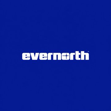 A blue screen displaying the white 'evernorth' logo in lowercase letters.