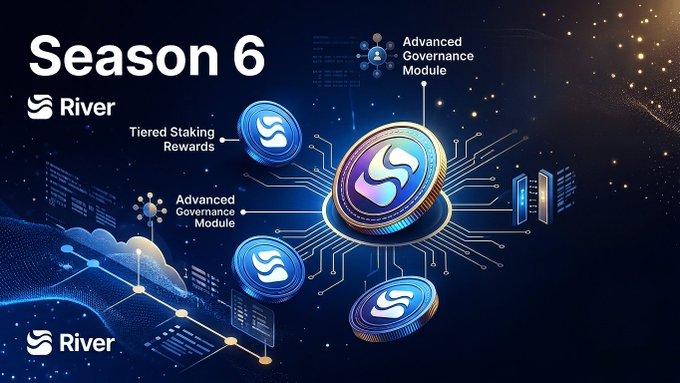 A promotional graphic titled 'Season 6' for 'River', featuring glowing blue circular icons with the River logo, with labels indicating 'Advanced Governance Module' and 'Tiered Staking Rewards'.