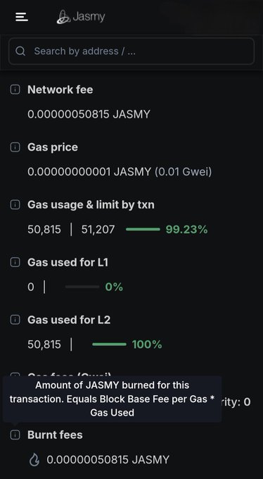 Screenshot of a JasmyChain explorer page showing transaction details with a network fee and burn fee of 0.00000050815 JASMY, illustrating the active JASMY burn mechanism highlighted in the post.
