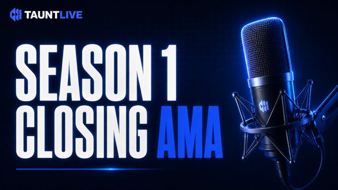 Promotional banner with 'TAUNTLIVE' logo and text 'SEASON 1 CLOSING AMA' in bold white and blue lettering next to a studio microphone on a dark blue background.