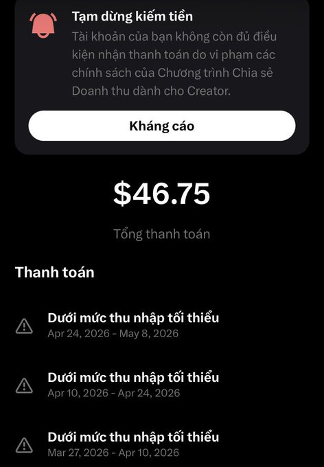 A Vietnamese-language payment suspension notice showing a total of $46.75 with multiple alerts indicating below-minimum earnings for various date ranges (Apr-Mar 2026).