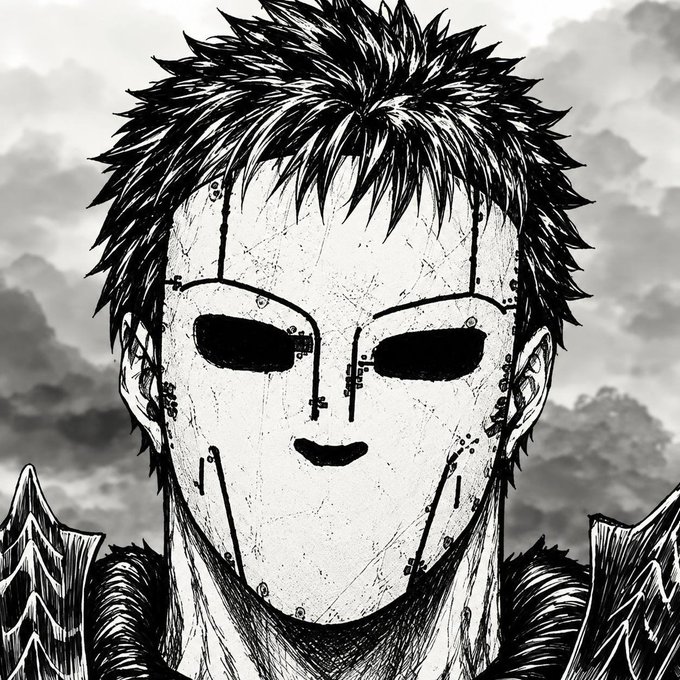 A black and white manga-style illustration shows a person with spiky hair wearing a blank white mask with mechanical markings against a cloudy sky.